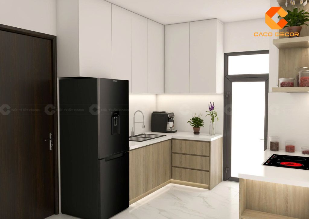 Tủ bếp gỗ công nghiệp TBM061 phối vân gỗ bắt mắt