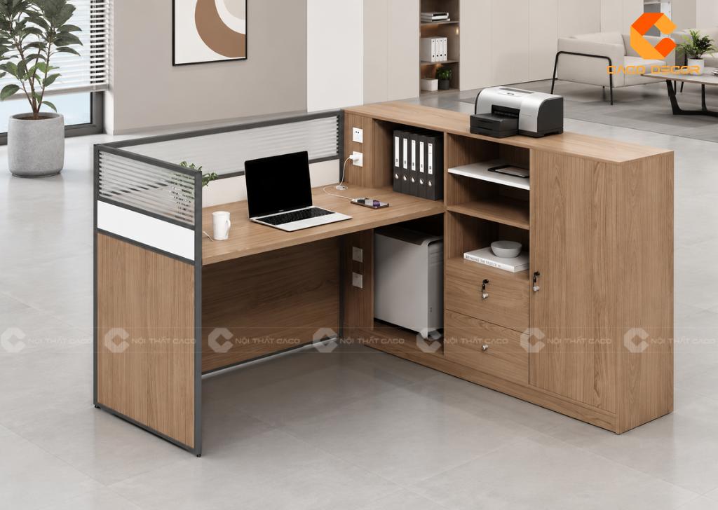Bàn làm việc chữ L có vách ngăn kết hợp tủ tài liệu đa năng