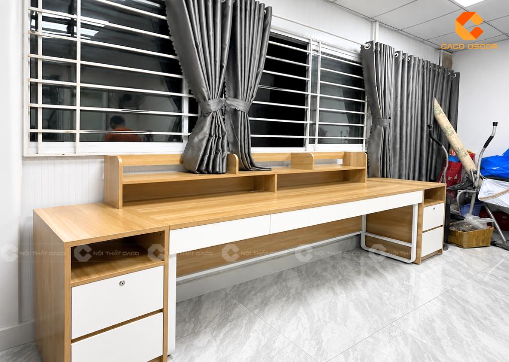 Bàn đôi vân gỗ phối trắng kết hợp chân sắt sơn trắng