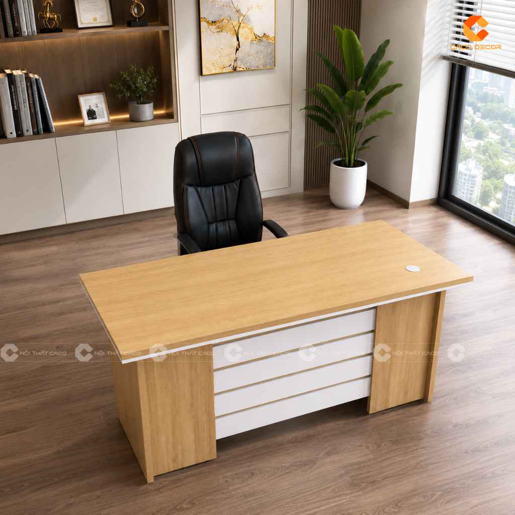 Bàn giám đốc BGD048 màu vân gỗ MDF phối trắng đẹp