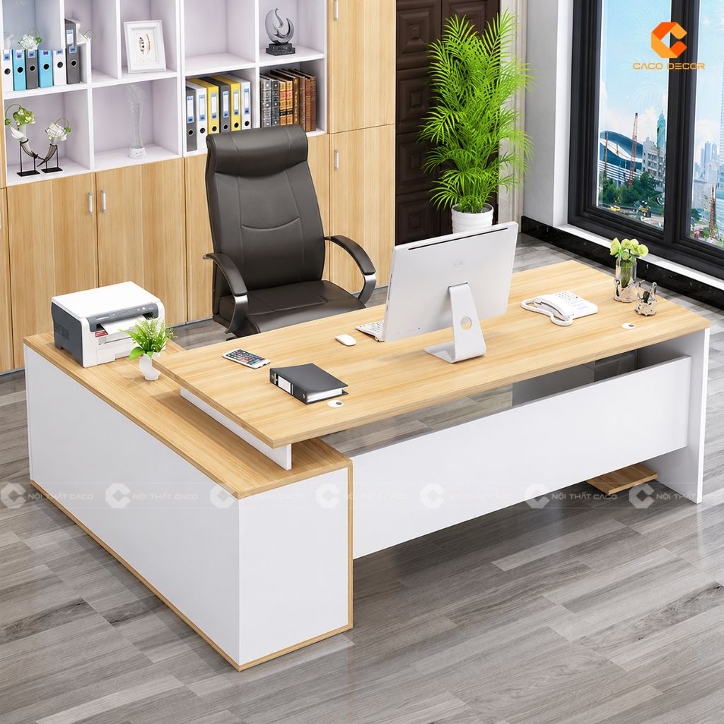 Bàn giám đốc gỗ công nghiệp BGD09 phối vàng gỗ và trắng