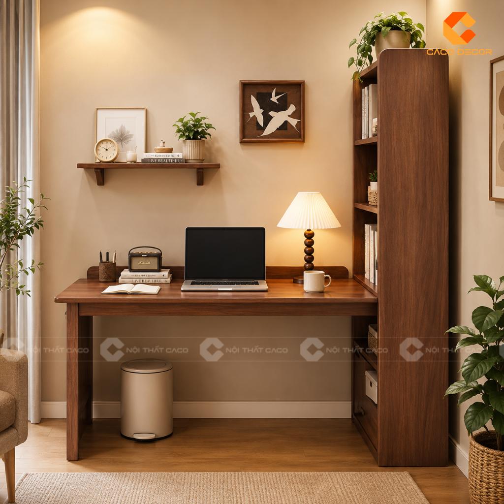 Bàn học gỗ nâu kết hợp kệ sách đứng tiết kiệm diện tích