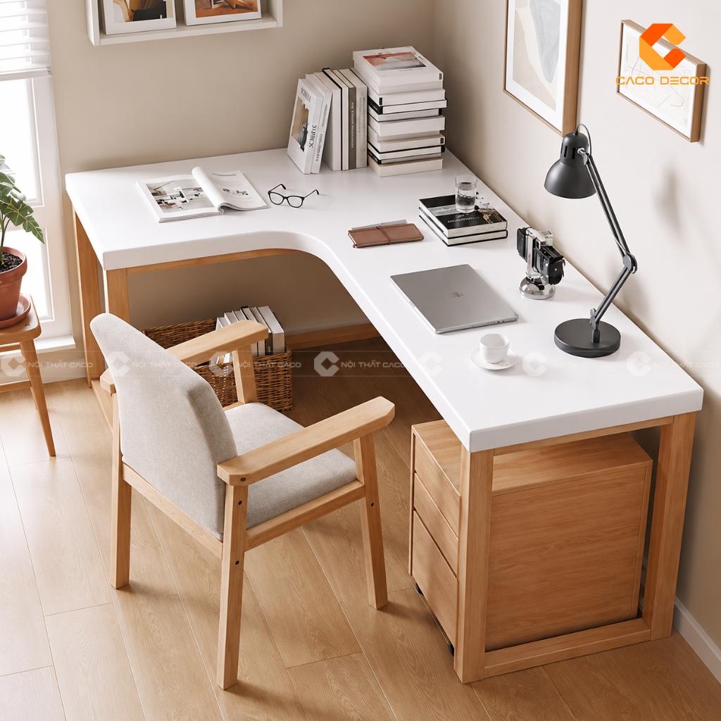 Bàn làm việc BLV049 phối mặt trắng và chân gỗ tự nhiên