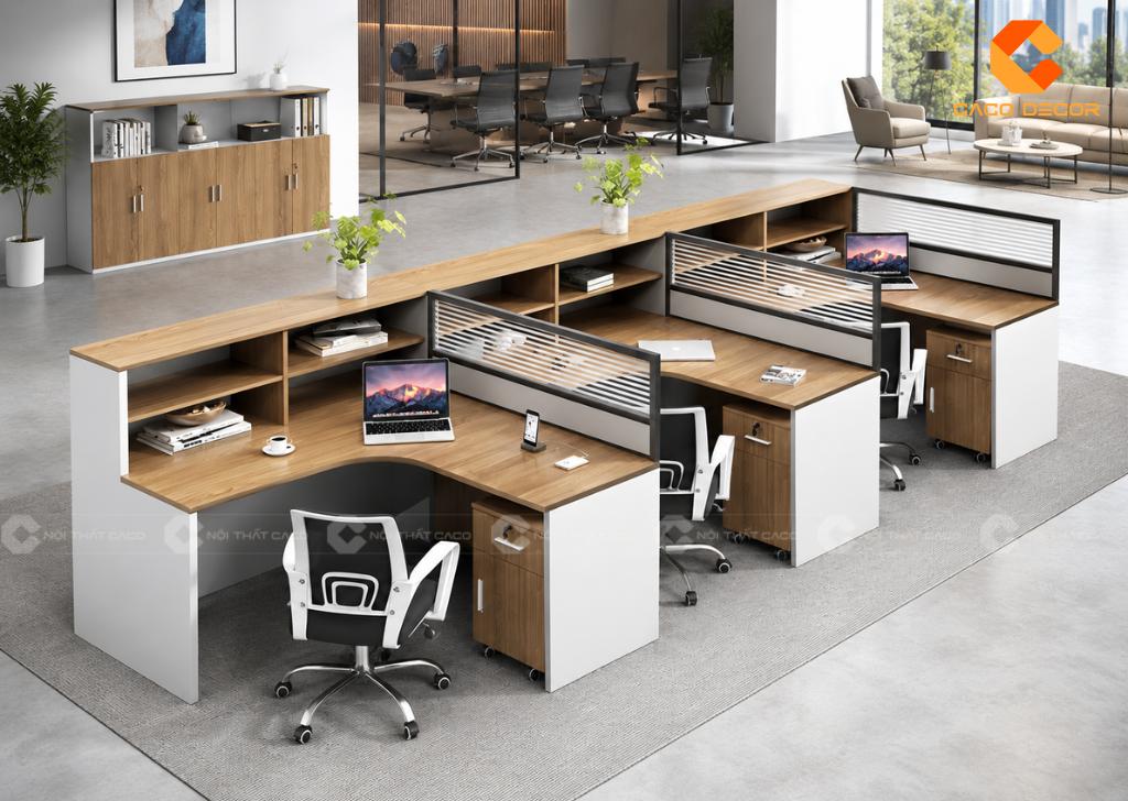Bàn làm việc chữ L có vách ngăn kết hợp kệ lưu trữ tiện dụng