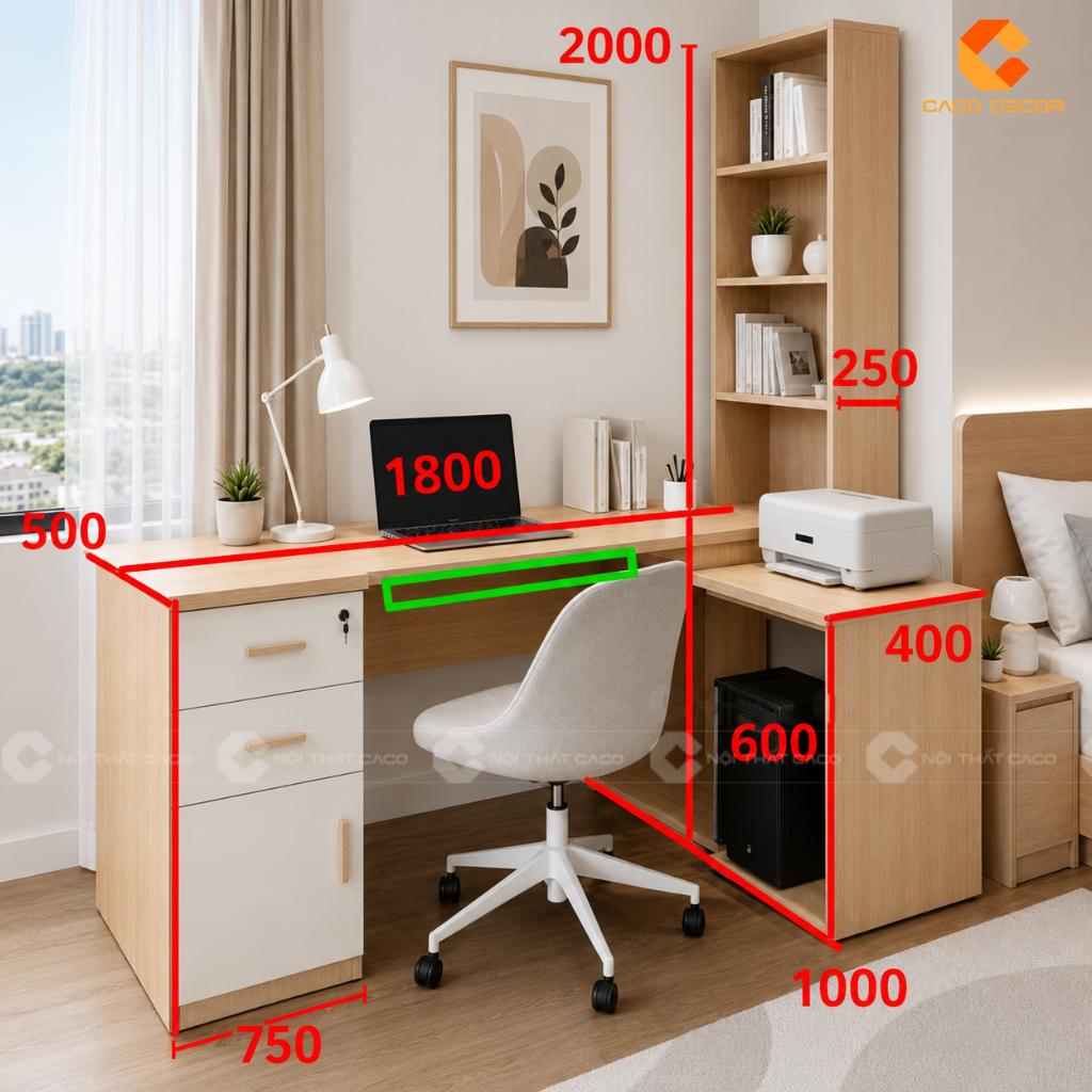 Kích thước của bàn làm việc chữ L có kệ sách BLV019