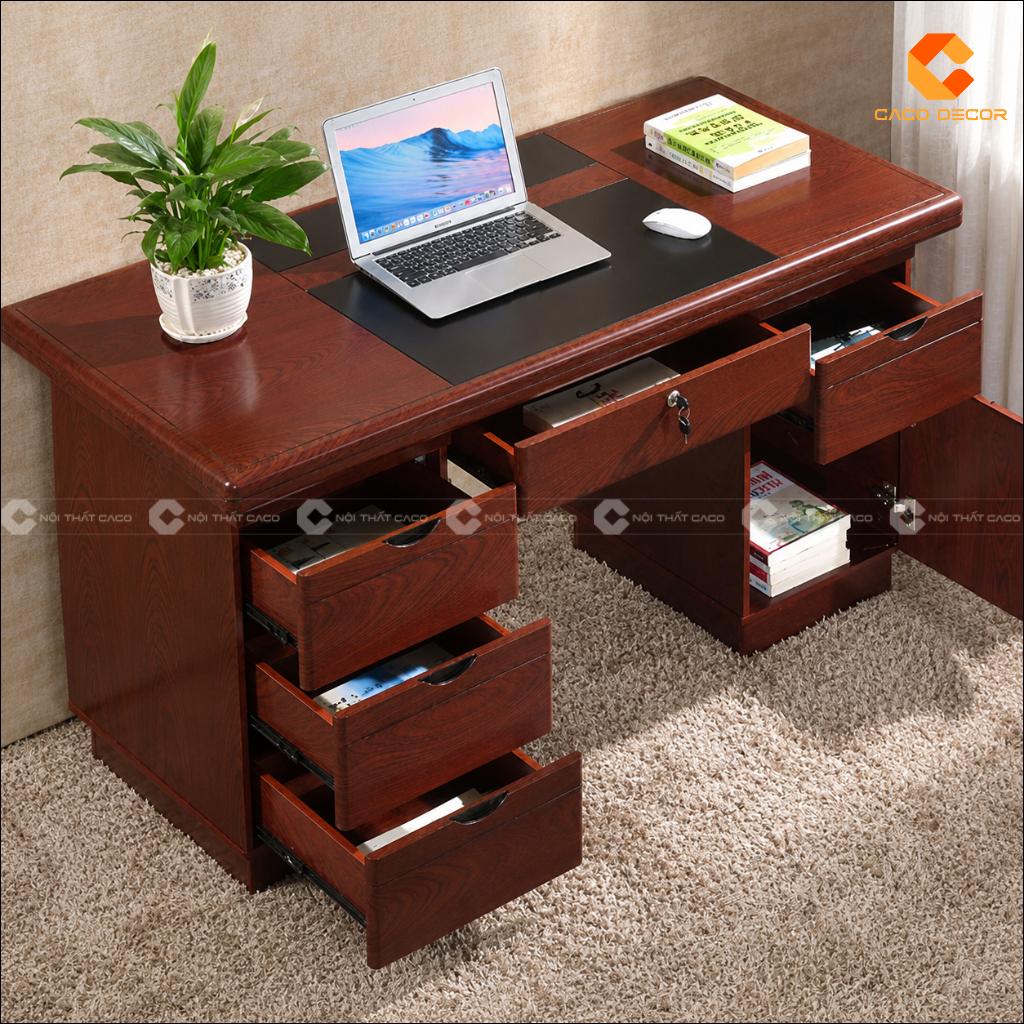 Bàn làm việc gỗ tự nhiên BLV055 với ngăn kéo và khoang tủ mở