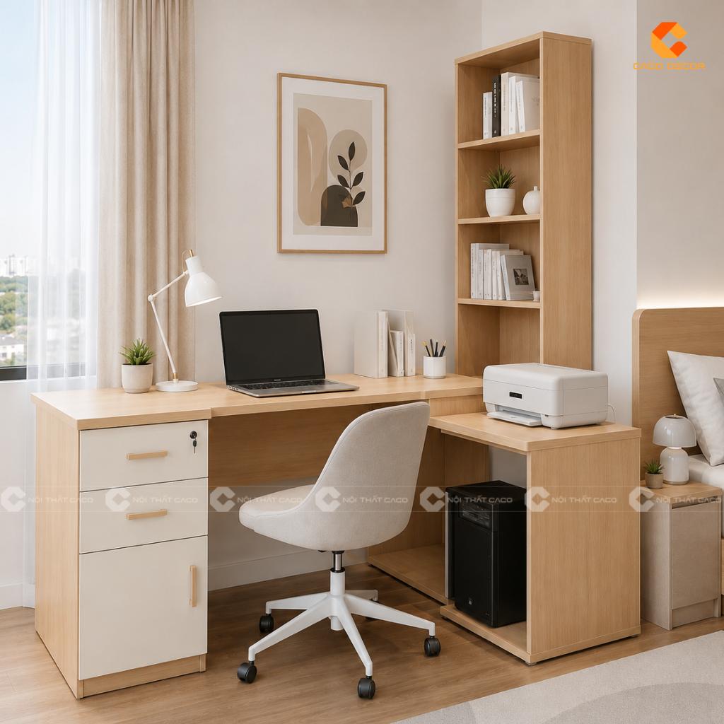 Mẫu bàn làm việc gỗ MDF BLV019 kệ sách liền bàn