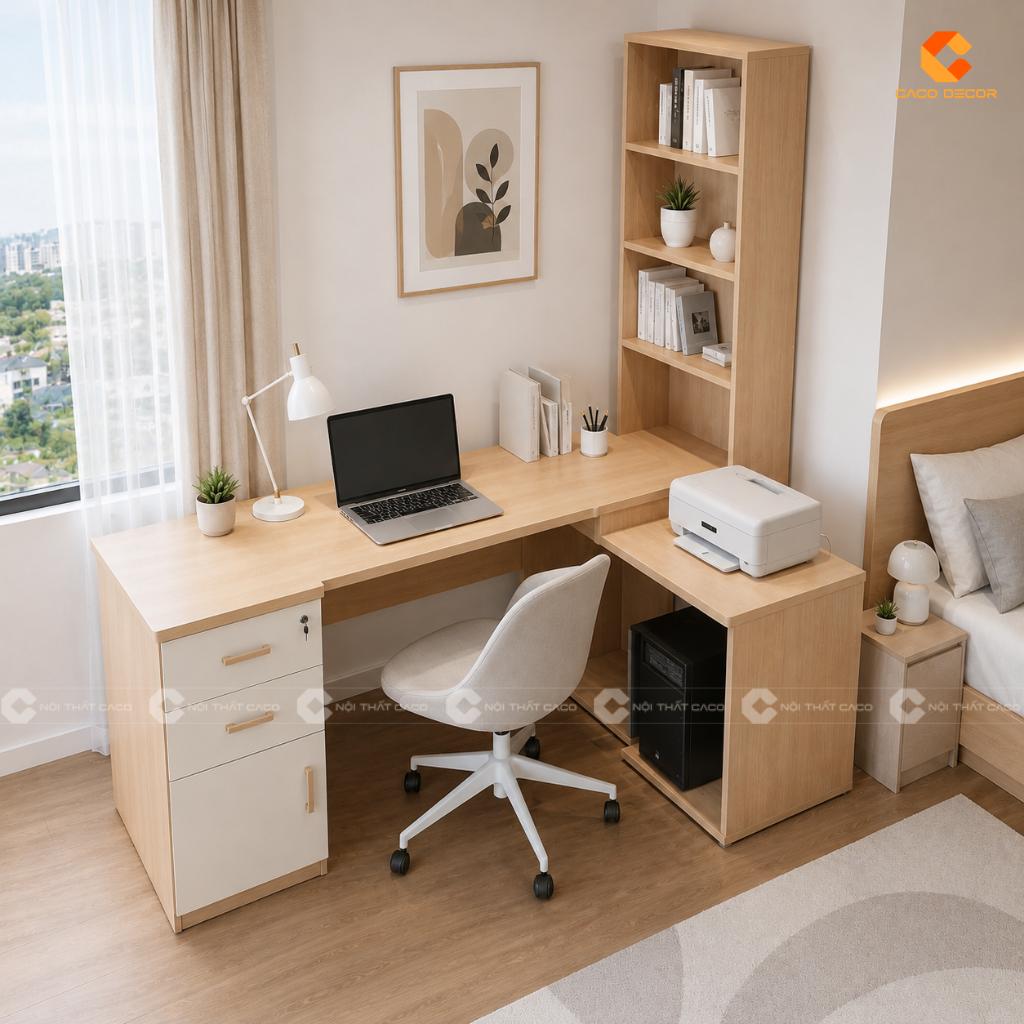 Thiết kế bàn làm việc tại nhà gỗ MDF BLV019 có kệ sách