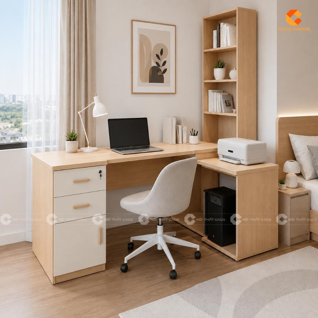 Bàn làm việc gỗ công nghiệp chữ L có kệ sách BLV019