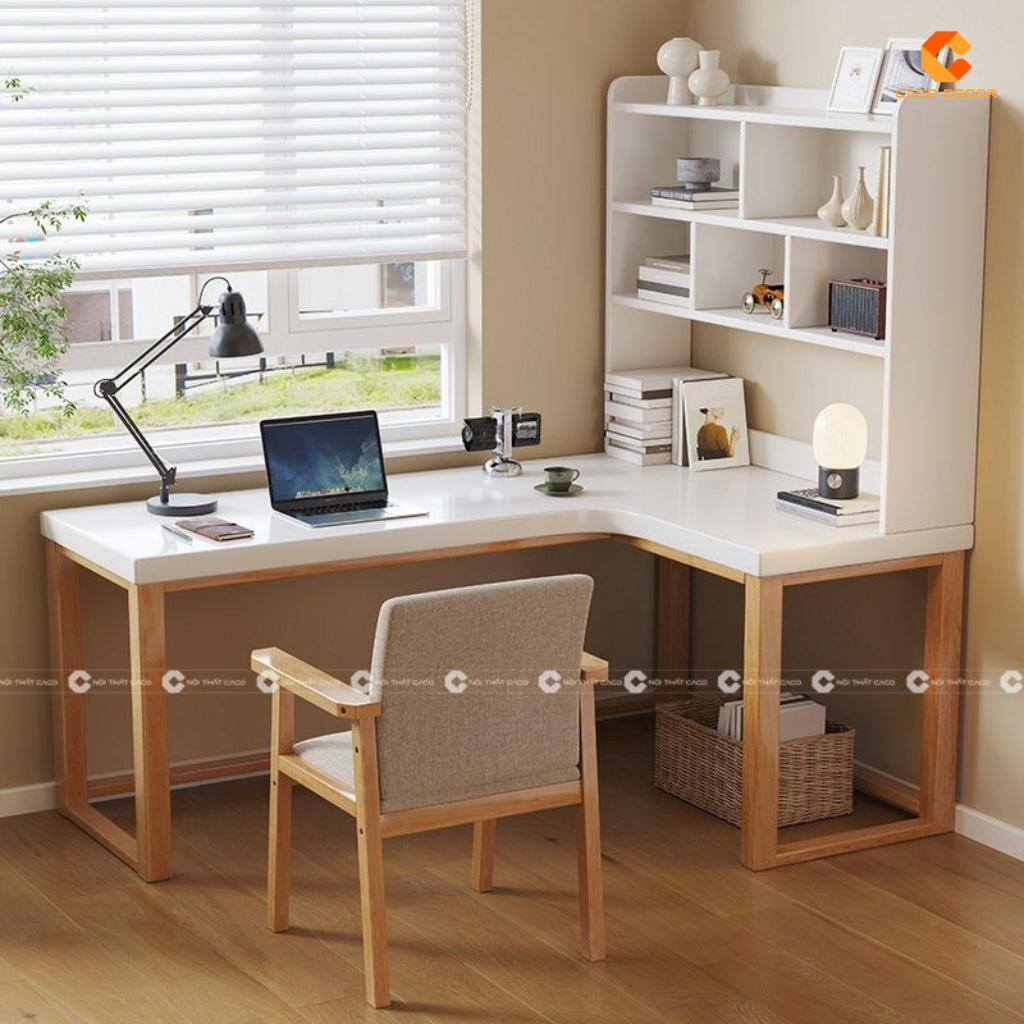 Bàn Làm Việc Tại Nhà Gỗ Tự Nhiên Chữ L Có Kệ Sách BLV046 2