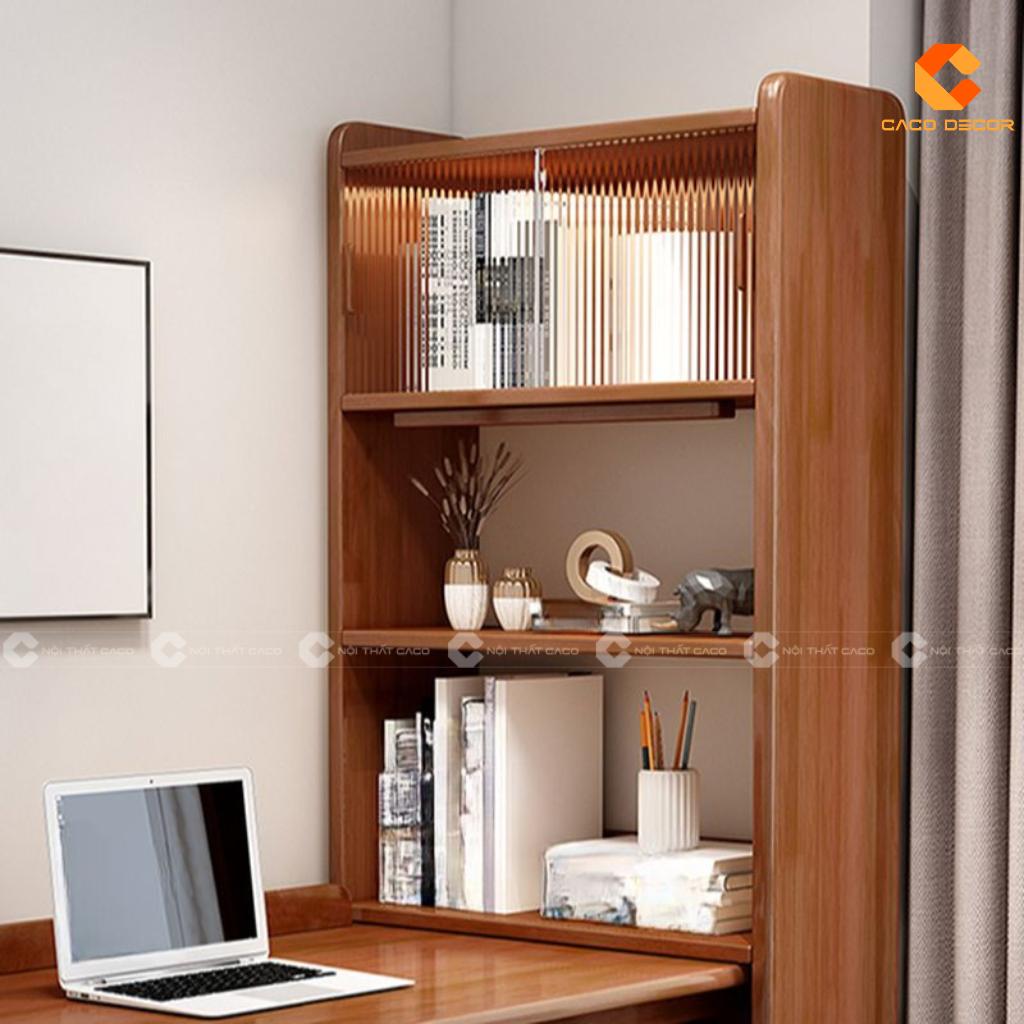 Bàn làm việc tại nhà gỗ tự nhiên BLV054 thiết kế liền kệ sách cao