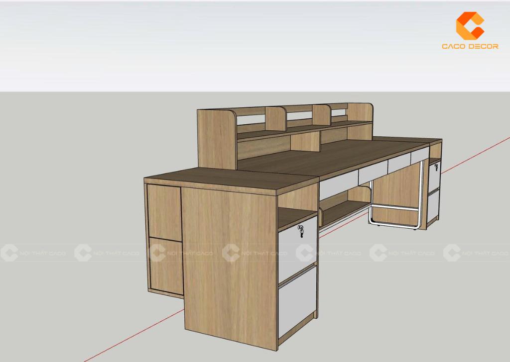 Phối cảnh 2D bàn đôi có kệ sách, hộc kéo và tủ hai bên