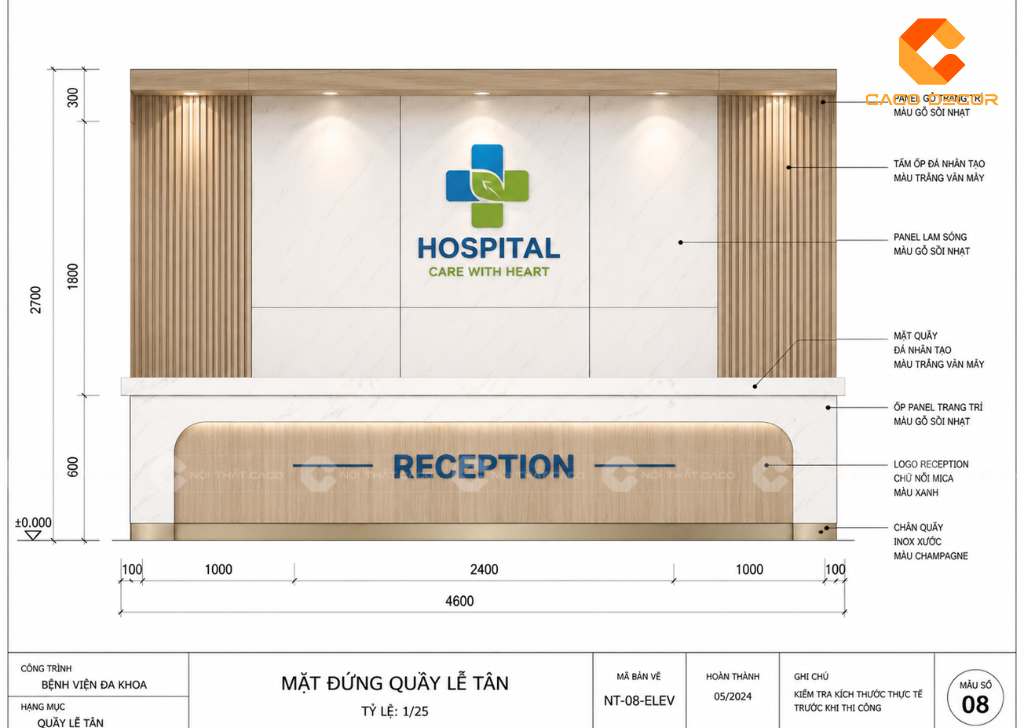 Bản vẽ mặt đứng 2D quầy lễ tân bệnh viện