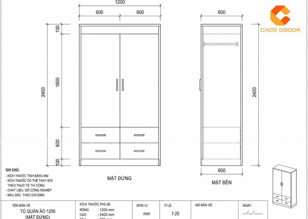 Bản vẽ mặt đứng 2D tủ quần áo 1m2 hai cánh
