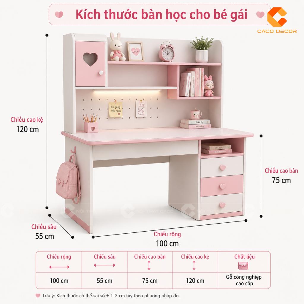 Bản vẽ 3D mô tả kích thước bàn học cho bé gái
