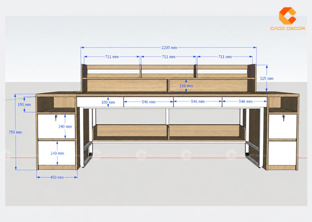 Bản vẽ kích thước bàn đôi dài 2200mm