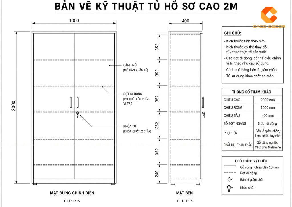 Bản vẽ kích thước tủ hồ sơ cao 2m nhiều tầng