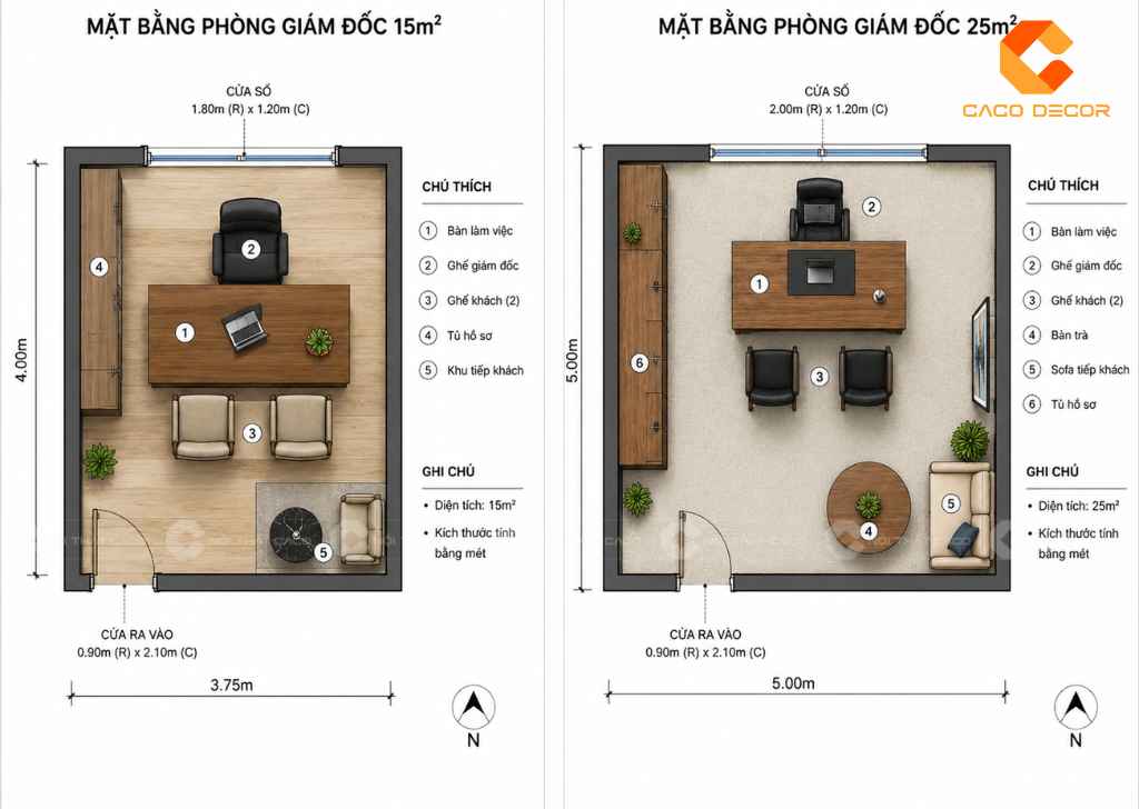 Bản vẽ mặt bằng bố trí phòng giám đốc diện tích 15m2 và 25m2