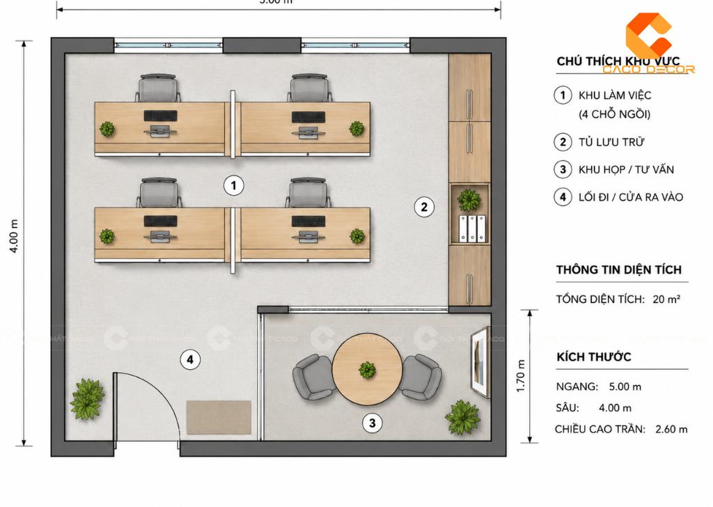 Bản vẽ mặt bằng thiết kế văn phòng 20m2 khoa học