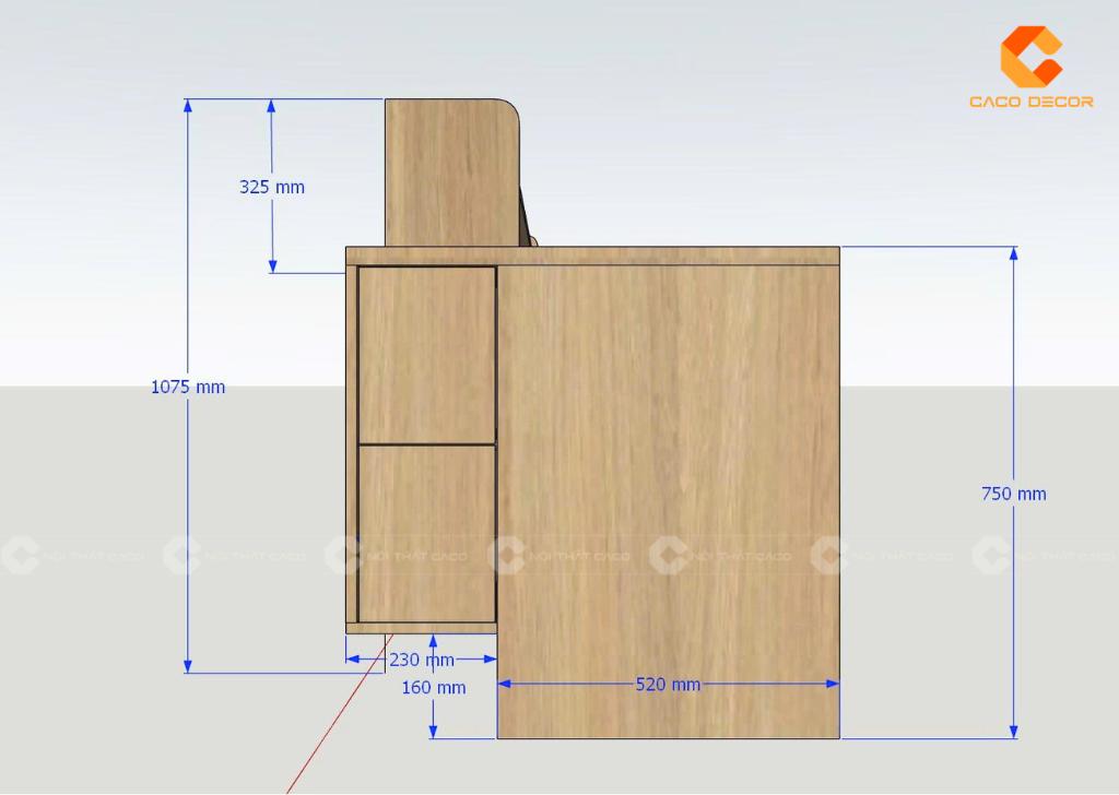 Bản vẽ mặt bên bàn đôi thể hiện chiều cao