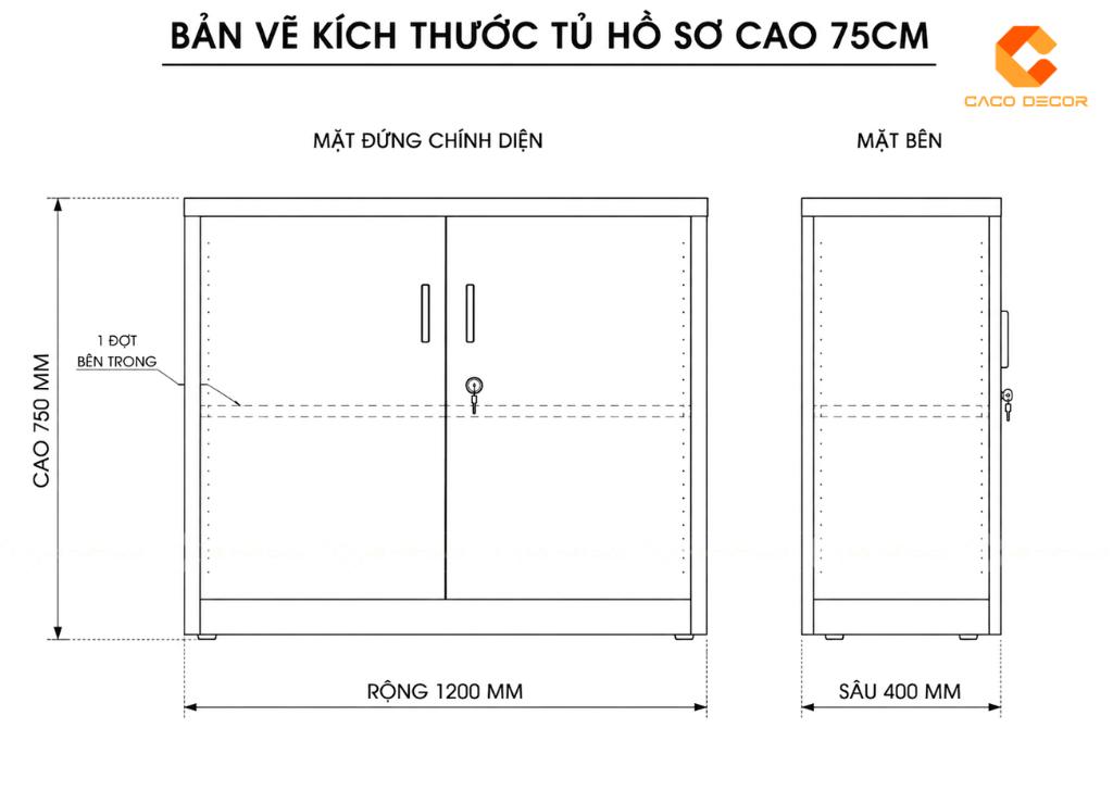 Bản vẽ kích thước tủ hồ sơ cao 75cm chi tiết
