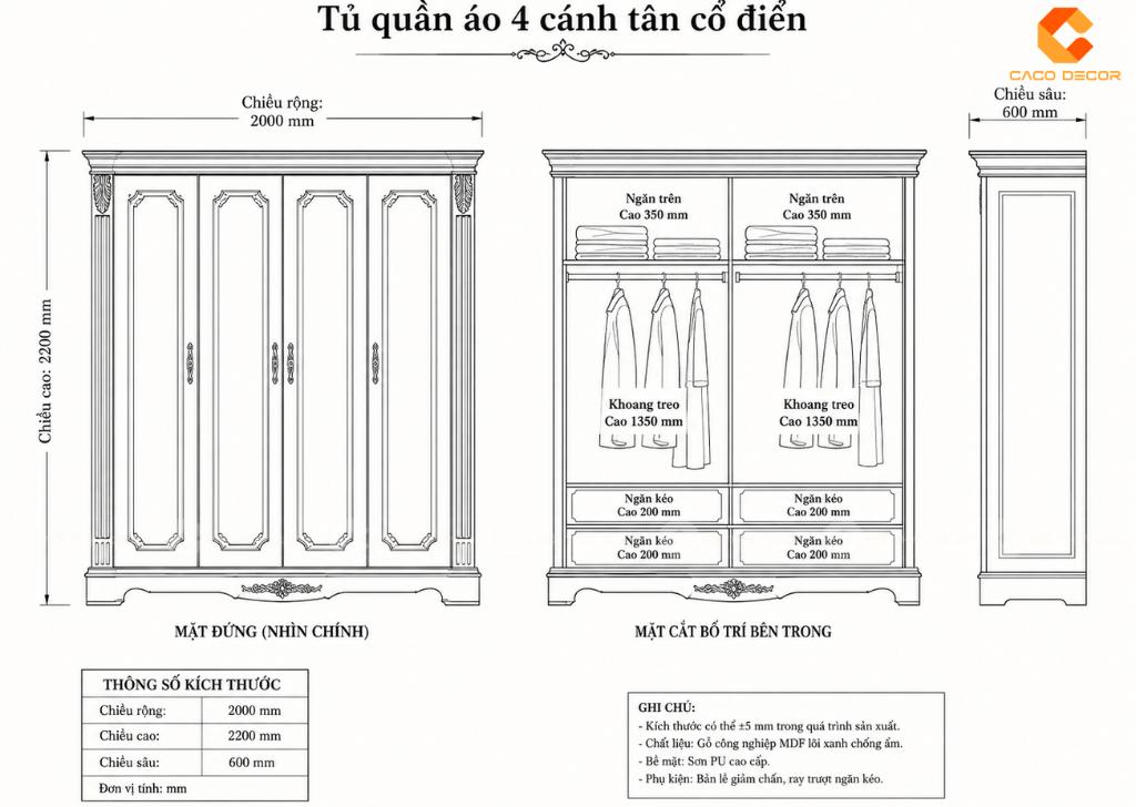 Bản vẽ kích thước tủ tân cổ điển 4 cánh