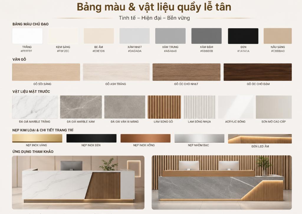 Bảng màu gỗ và vật liệu thiết kế quầy lễ tân nhỏ đẹp tại CaCo