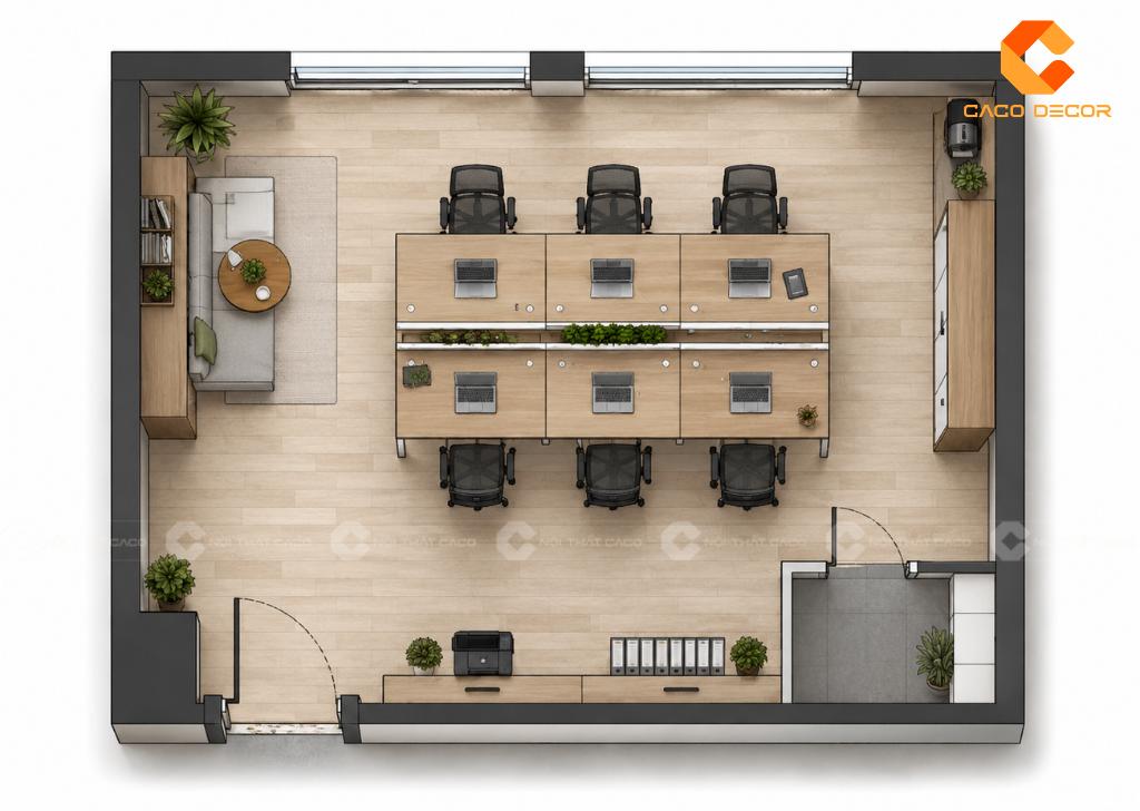 Bản vẽ bố trí nội thất văn phòng 30m2 sáu người