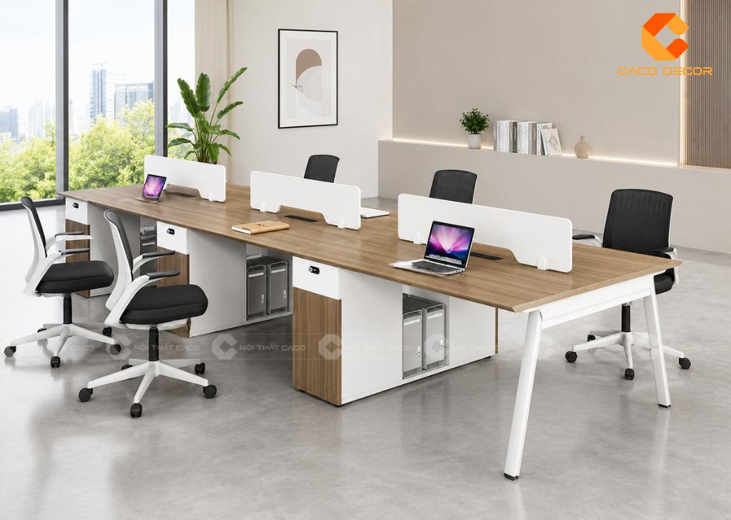 Cụm bàn làm việc văn phòng có vách ngăn trắng cho 6 người