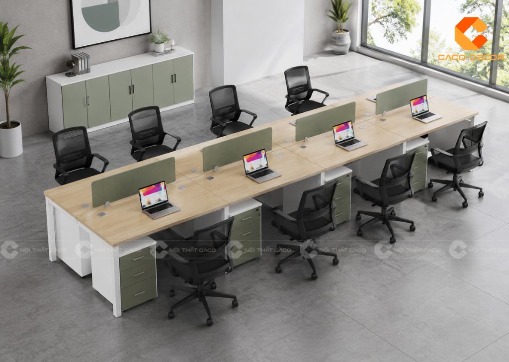 Cụm bàn 8 người có vách ngăn nỉ xanh và hộc tủ cá nhân