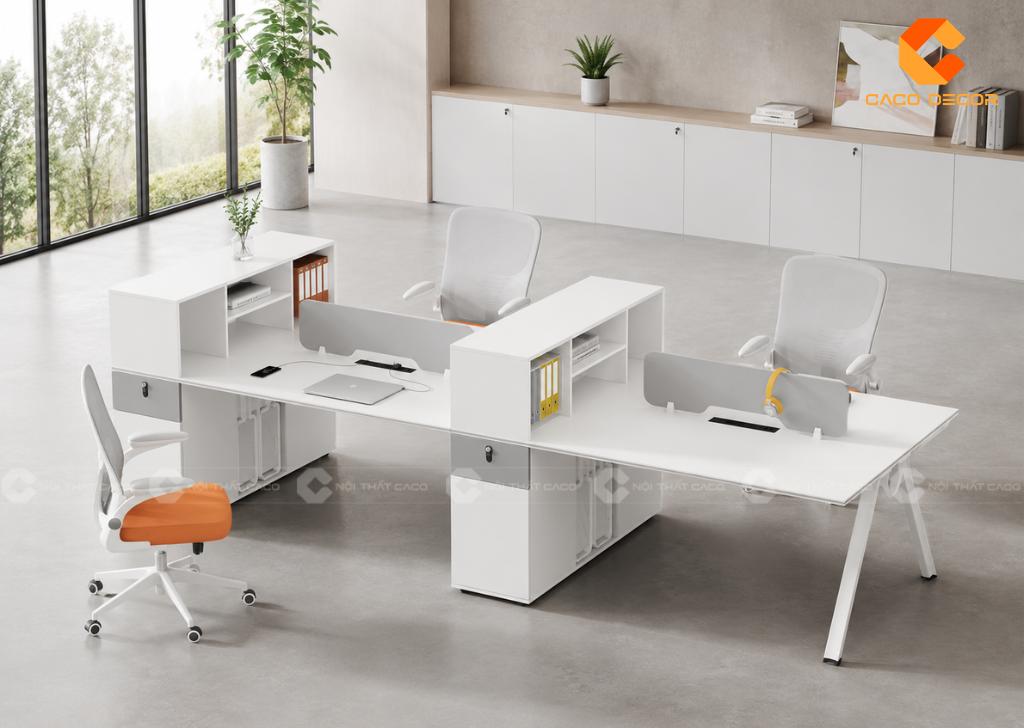 Cụm bàn nhân viên có vách ngăn thấp kết hợp kệ lưu trữ