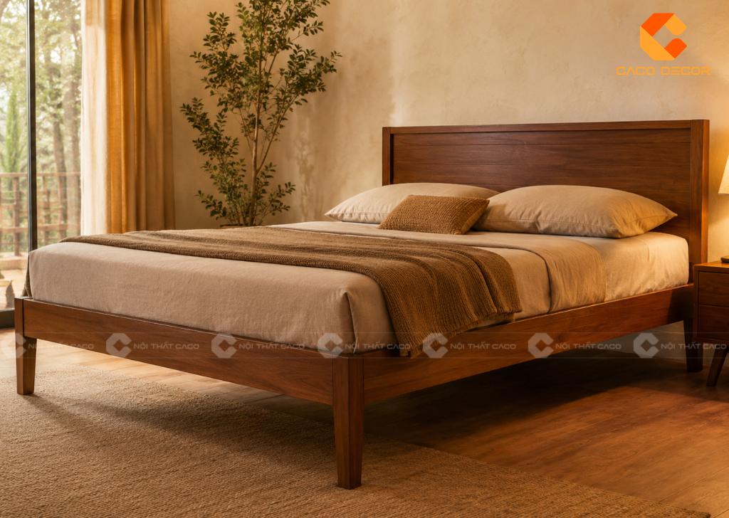 Giường gỗ 4 chân cao màu nâu ấm đẹp