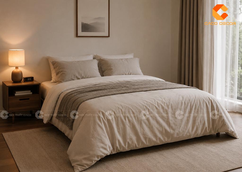 Giường ngủ không đầu phối tab đầu giường nhỏ và đèn ngủ