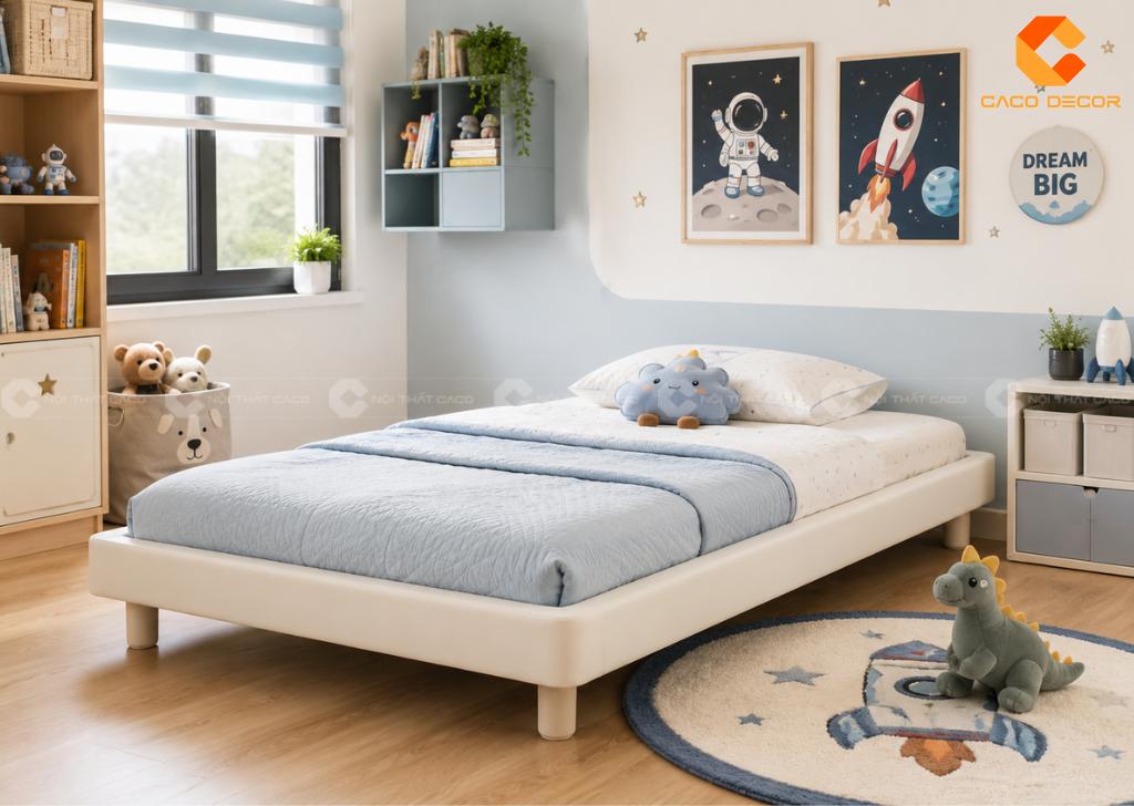Giường ngủ không đầu trẻ em chủ đề vũ trụ màu xanh trắng