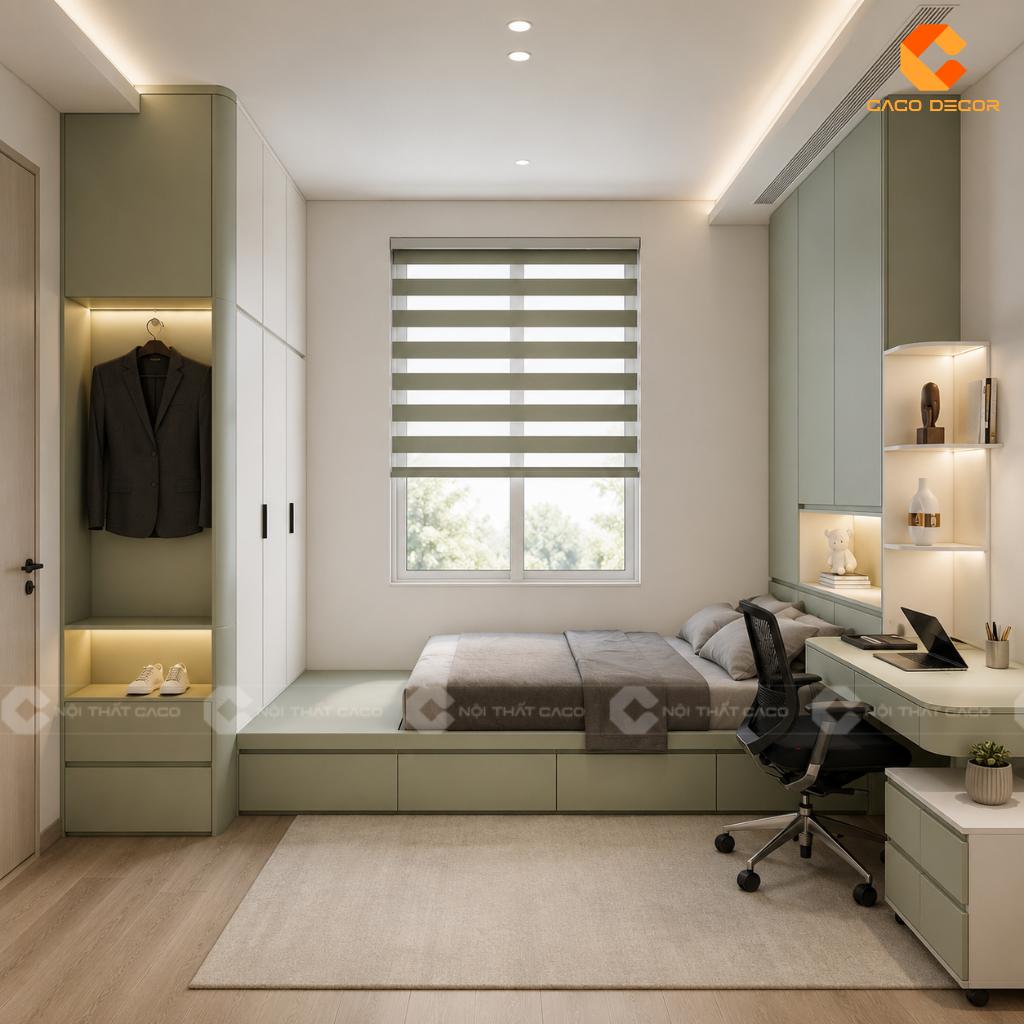 Mẫu giường liền tủ thông minh màu xanh pastel