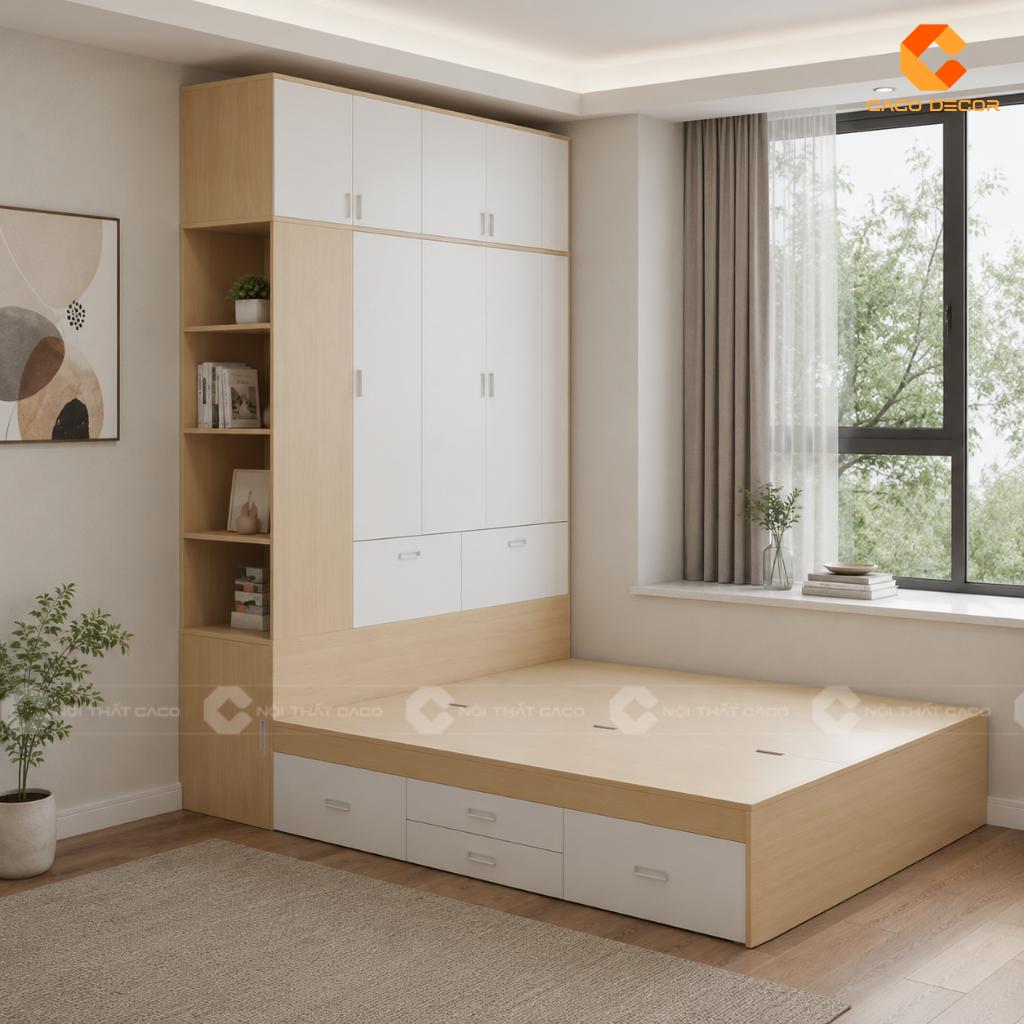 Mẫu giường liền tủ thông minh màu trắng phối vân gỗ sáng
