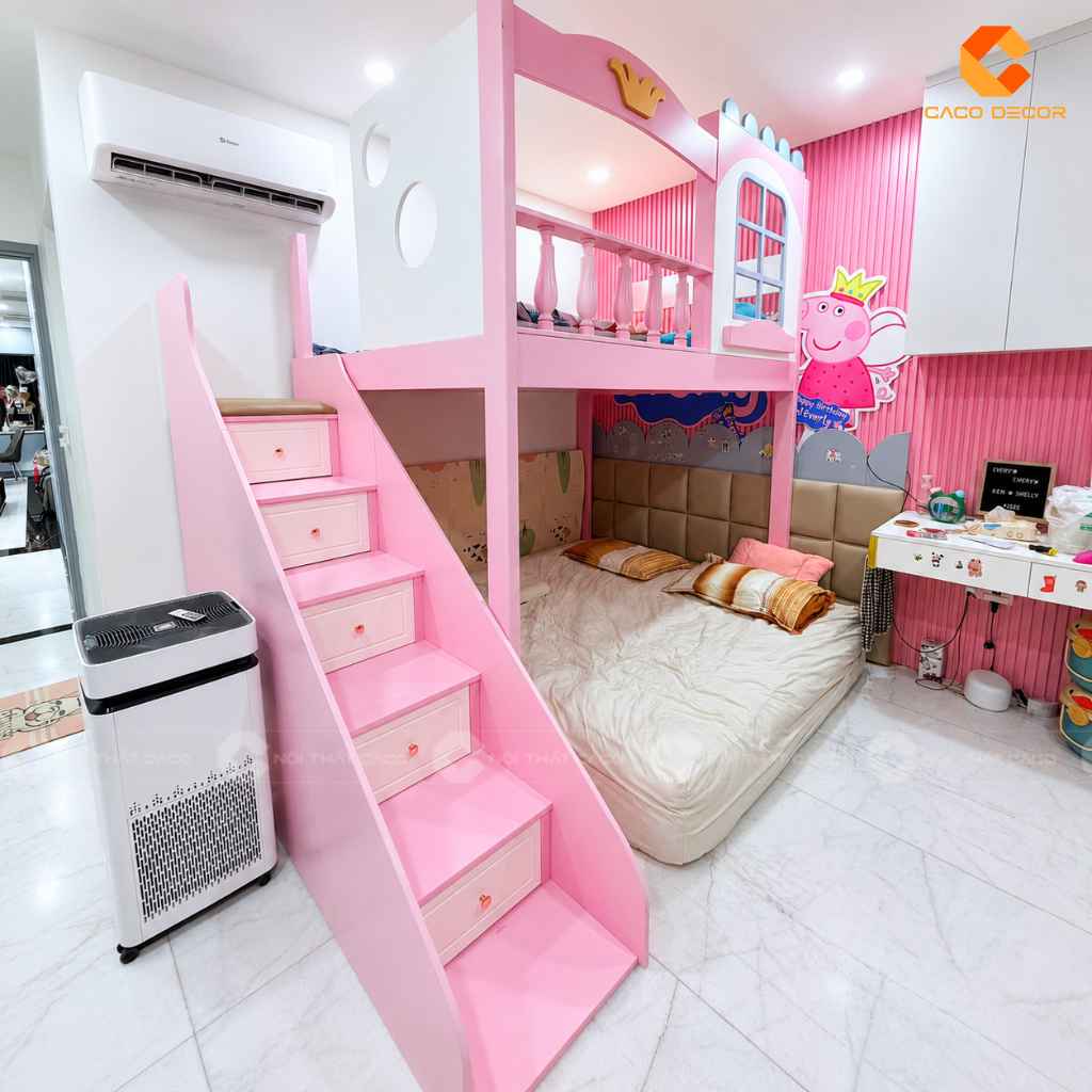 Giường tầng cầu trượt có bậc thang tích hợp hộc kéo