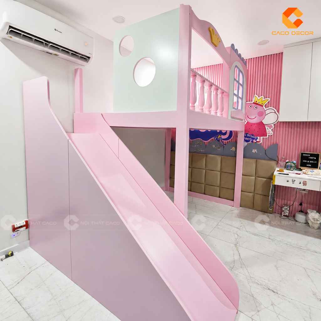 Góc nhìn bên hông giường tầng cầu trượt cho bé