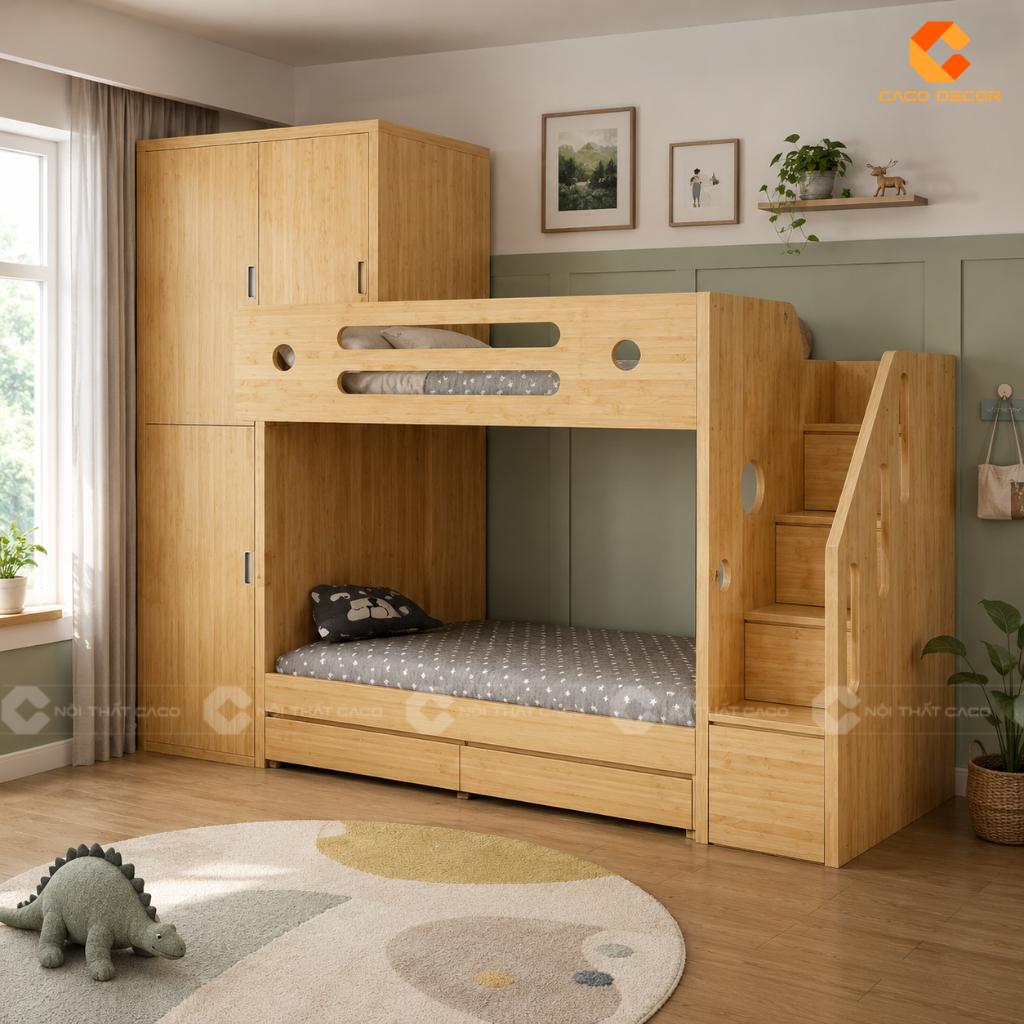Giường tầng liền tủ gỗ tự nhiên có cầu thang