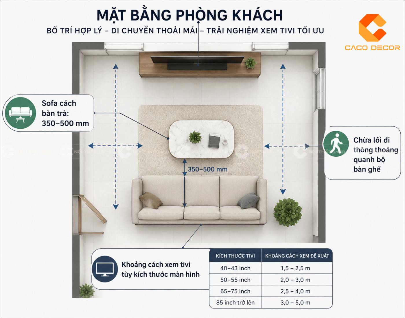 Khoảng cách bố trí sofa, bàn trà và lối đi phòng khách