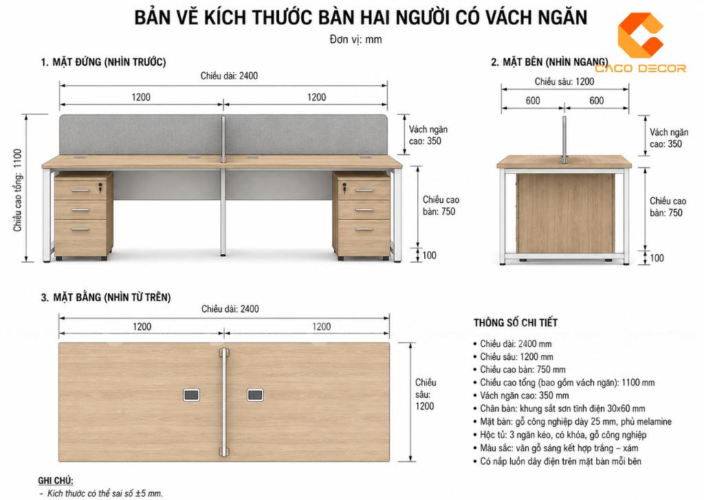 Kích thước bàn làm việc vách ngăn 2 người