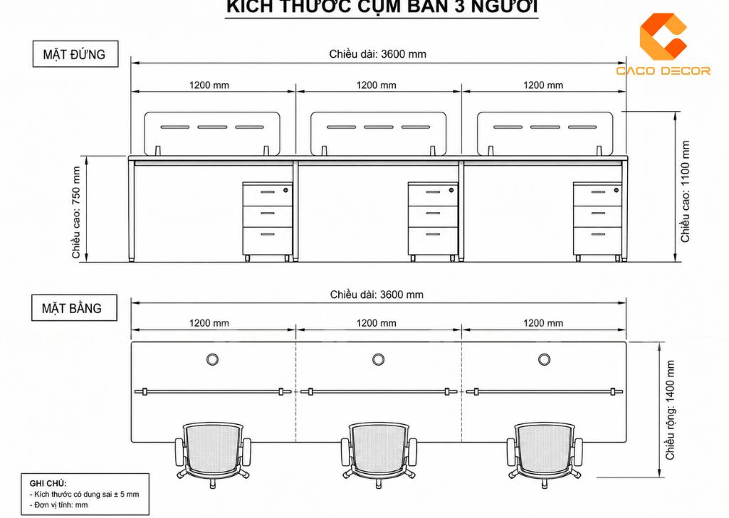 Bản vẽ kích thước chi tiết cụm bàn làm việc cho 3 người
