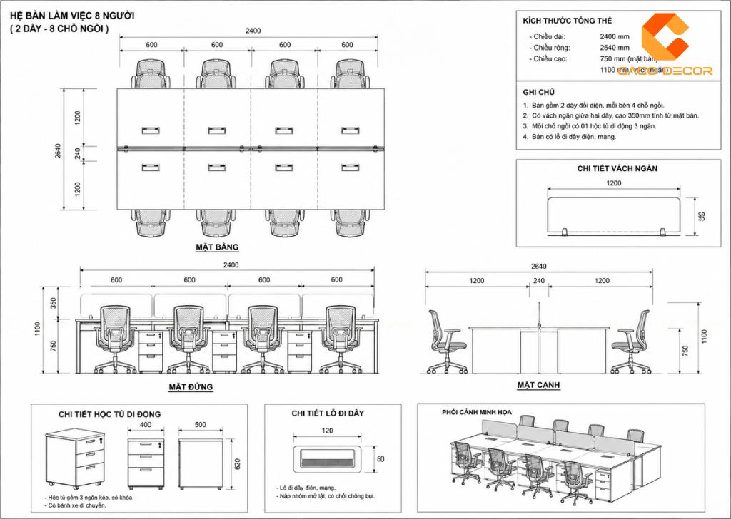 Bản vẽ kích thước cụm bàn làm việc 8 người theo mặt bằng