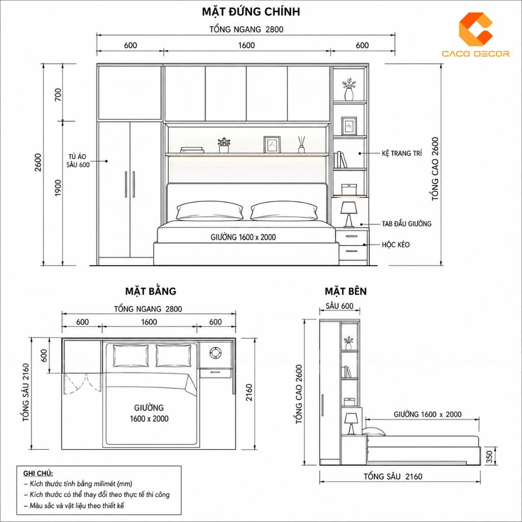 Bản vẽ kích thước giường liền tủ quần áo
