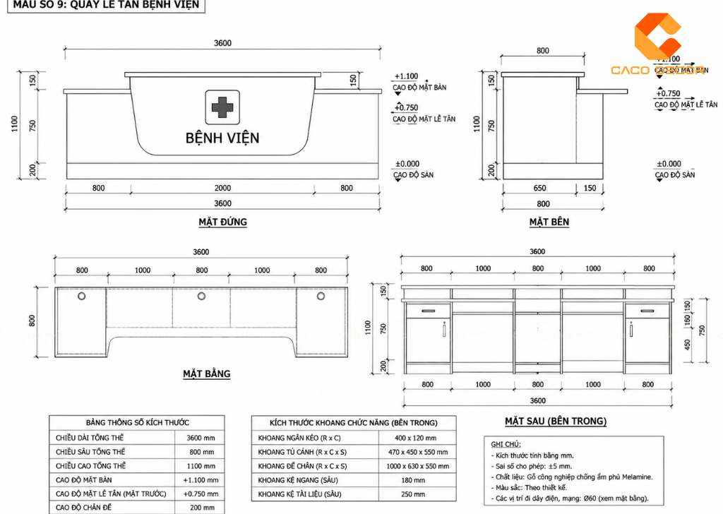 Bản vẽ kích thước quầy lễ tân bệnh viện chi tiết