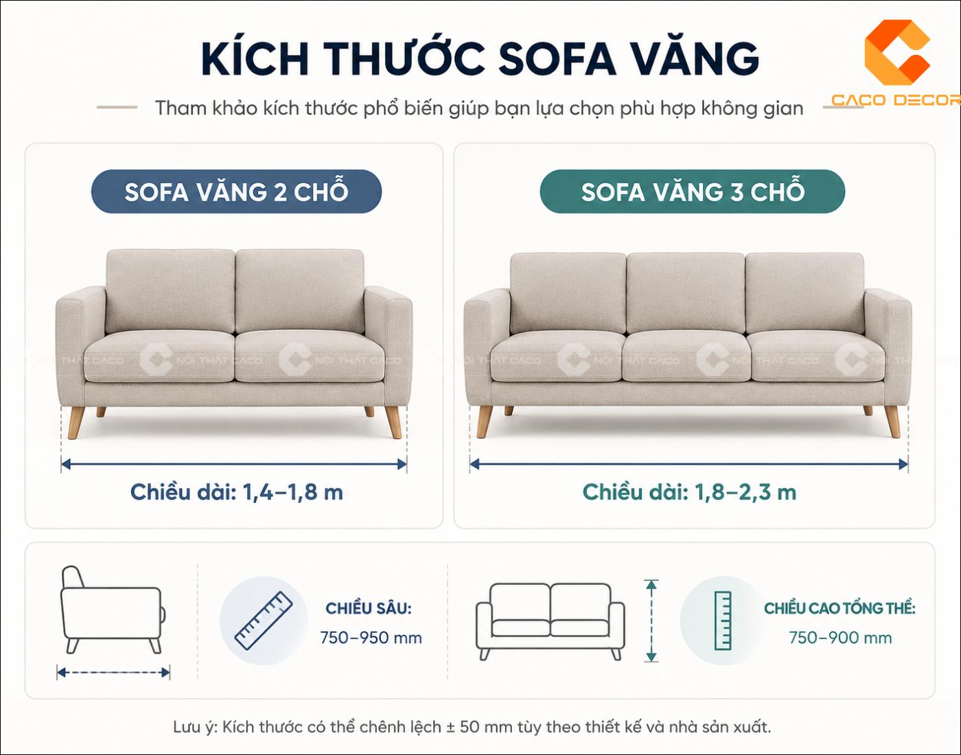 Kích thước sofa văng 2 chỗ và 3 chỗ tham khảo