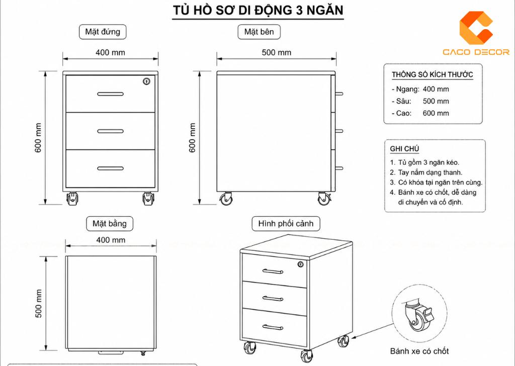 Bản vẽ kích thước tủ hồ sơ di động dưới bàn