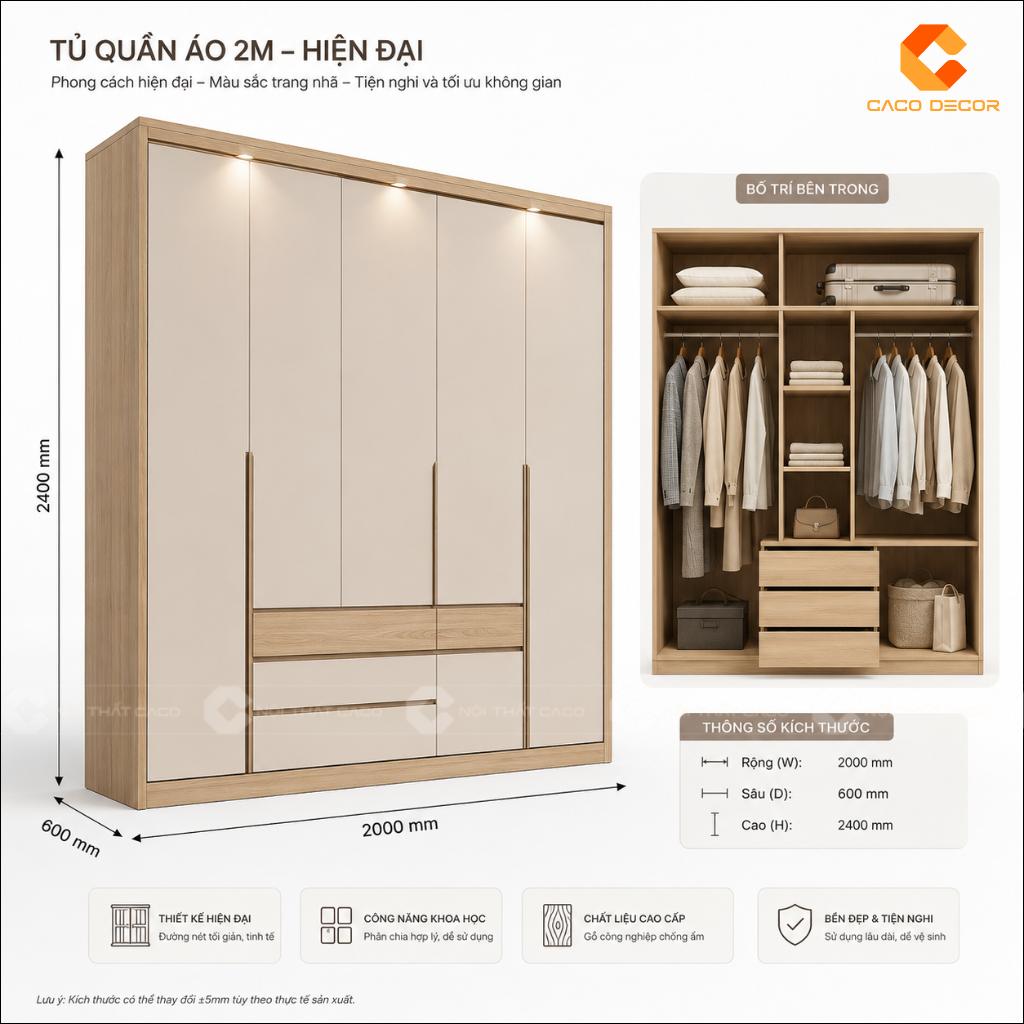 Kích thước tủ quần áo 2m tiêu chuẩn cho gia đình Việt