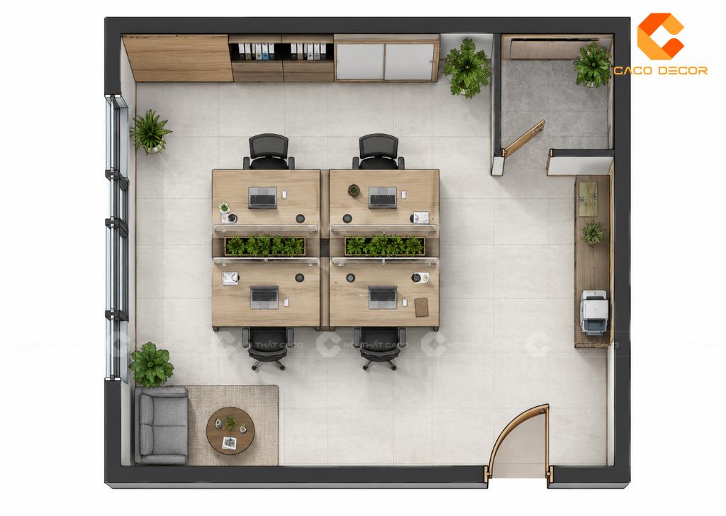 Bản vẽ mặt bằng văn phòng 30m2 bố trí bốn chỗ