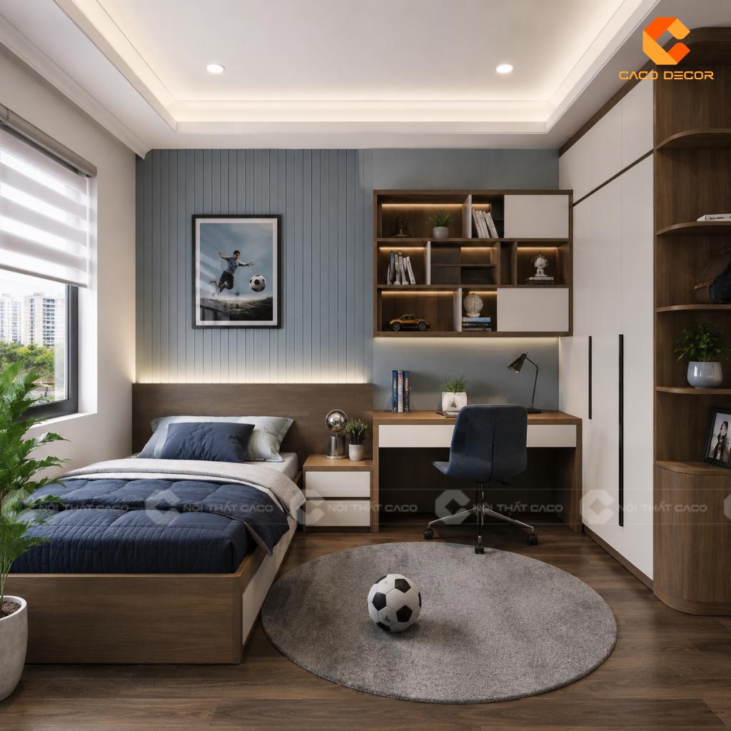 Thiết kế bàn học kết hợp tủ áo cho phòng ngủ bé trai